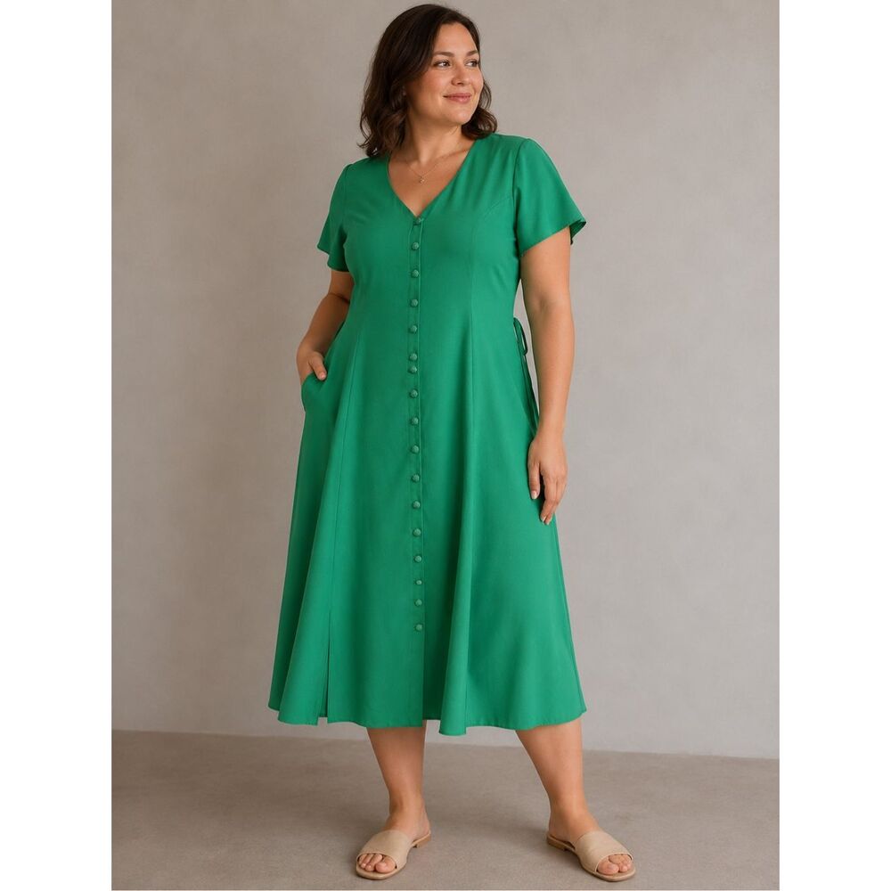 Rare Vintage C&A Green Midi Dress Size US XL / EU 46 Button Front Tie Back